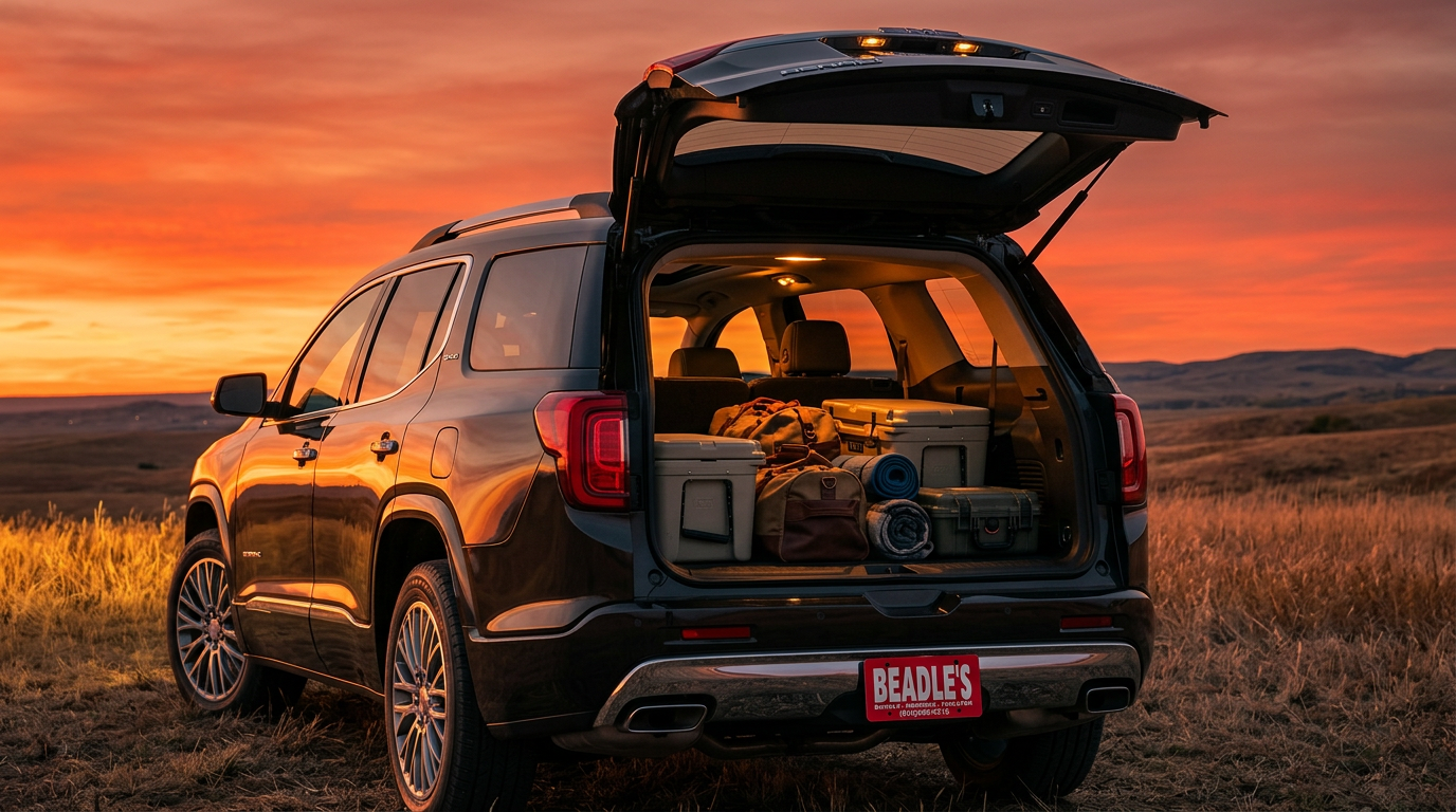 2026 GMC Acadia Denali with the liftgate open and cargo loaded near Mobridge, South Dakota