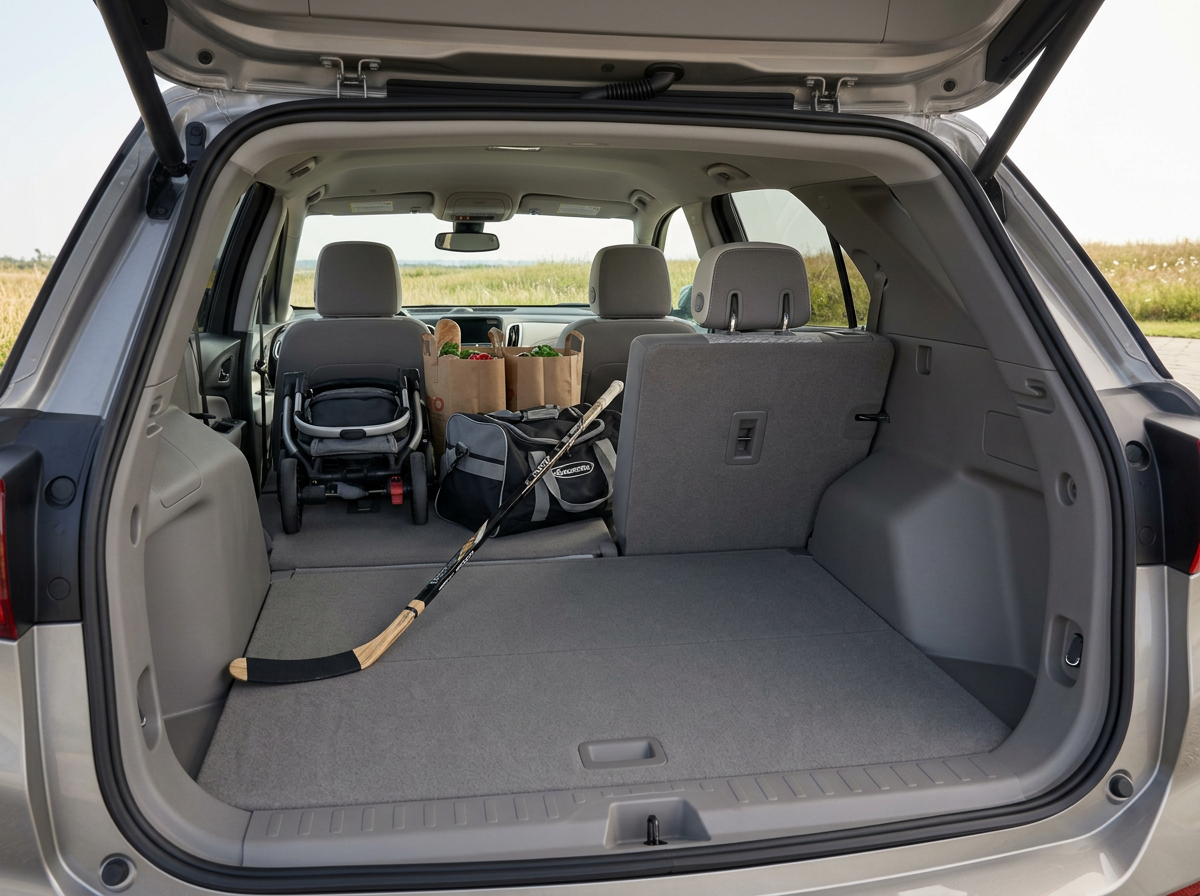 2027 Chevrolet Equinox cargo area with the rear seats folded, loaded with a stroller, groceries, and a hockey bag in Mobridge, South Dakota