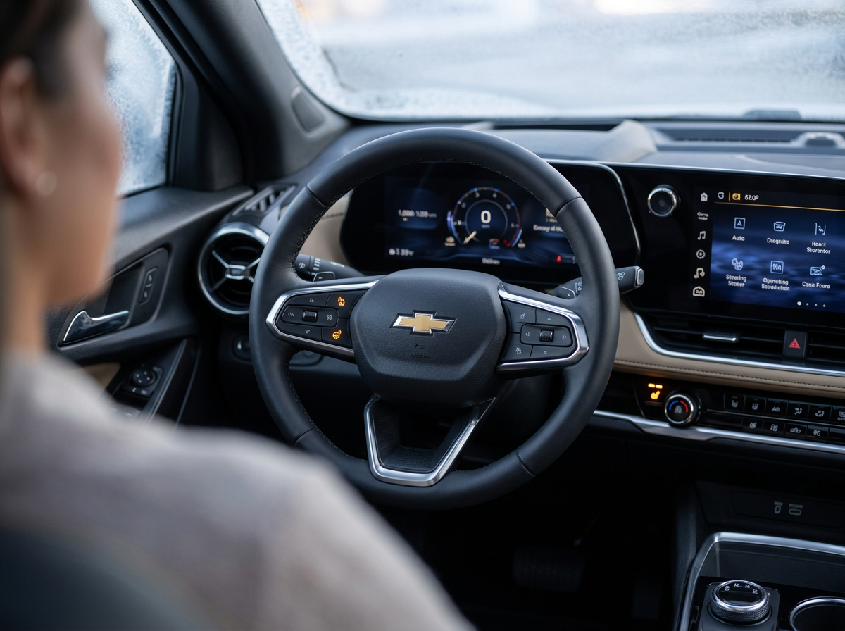 Close-up of the heated steering wheel and heated front seat controls inside a 2027 Chevrolet Equinox
