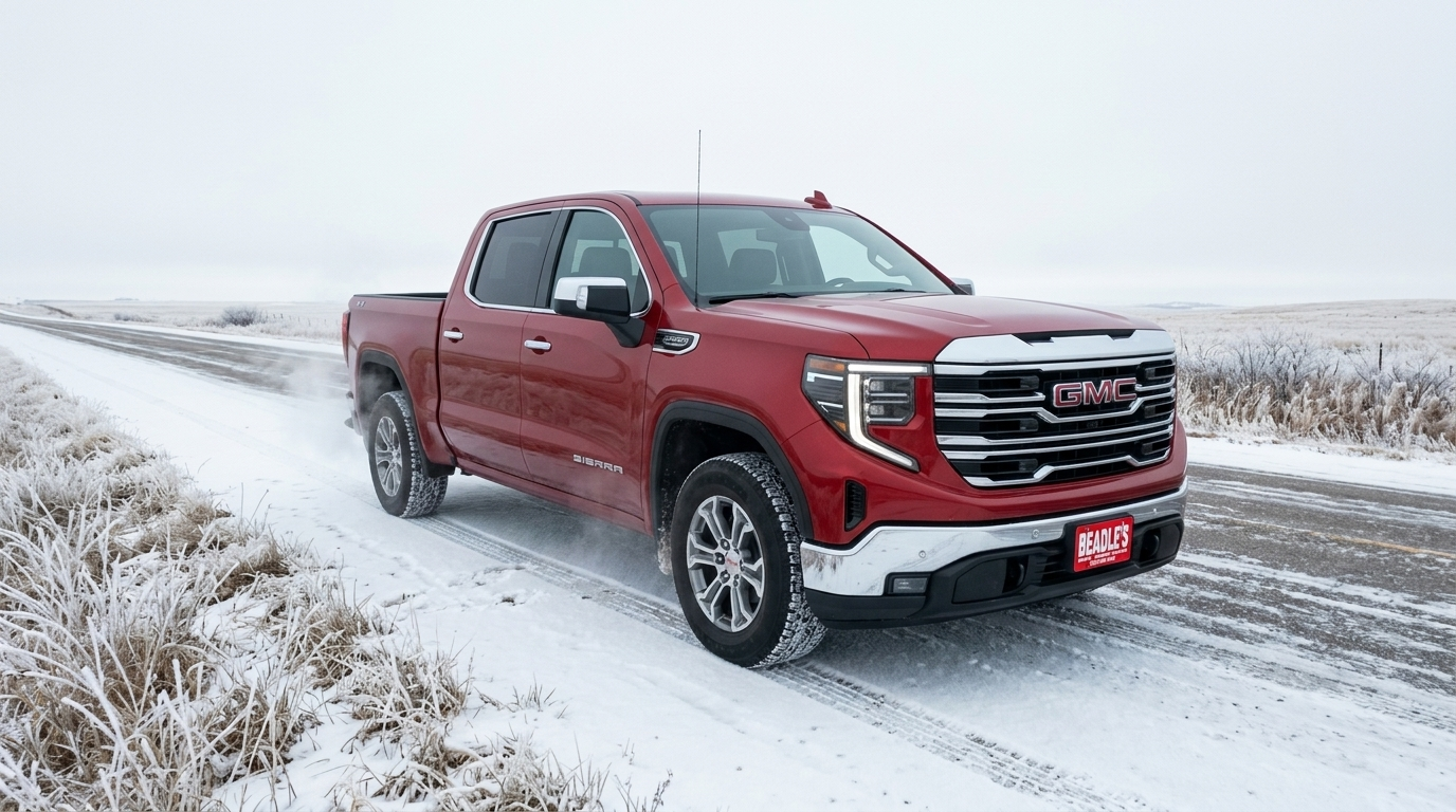 2026 GMC Sierra 1500 AT4 driving through a South Dakota winter blizzard on a rural highway