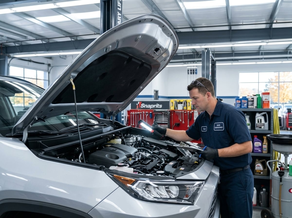 A professional, brightly lit automotive service bay, commercial photography, eye-level wide shot featuring a technician in clean navy blue work attire conducting a detailed multi-point inspection under the open hood of a modern silver crossover SUV raised on a two-post hydraulic lift, soft diffused 