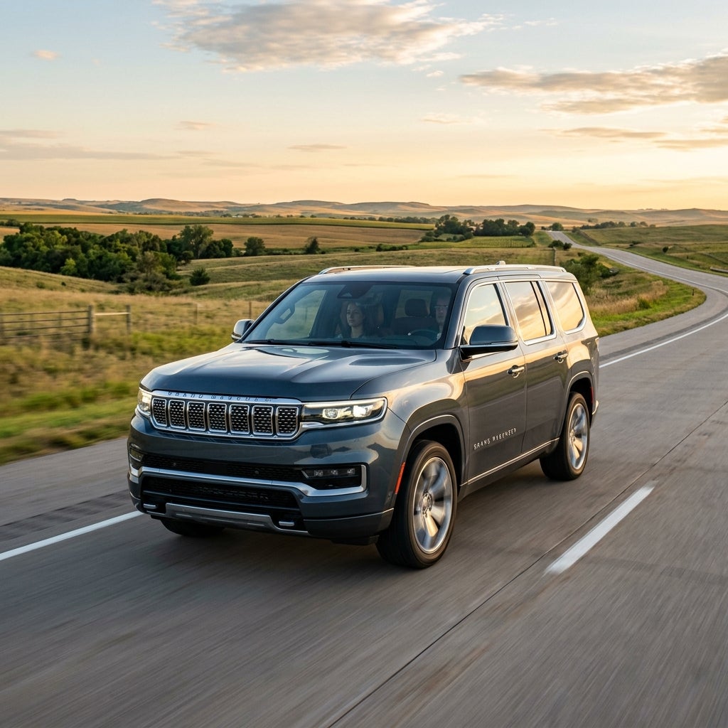 Dark grey Jeep Grand Wagoneer driving along a scenic country highway at sunset. (Representative image for illustration purposes only. Actual vehicle may vary based on trim and configuration.)
