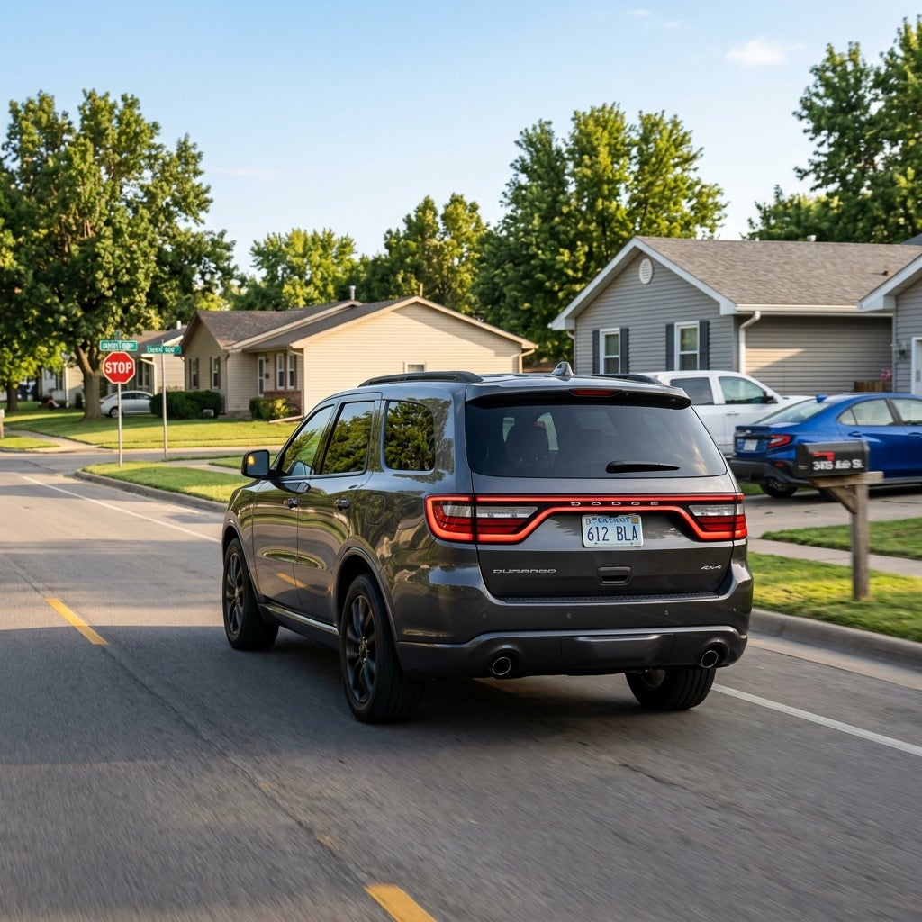 Rear view of a dark grey Dodge Durango driving down a sunny suburban street past residential homes. (Representative image for illustration purposes only. Actual vehicle may vary based on trim and configuration.)