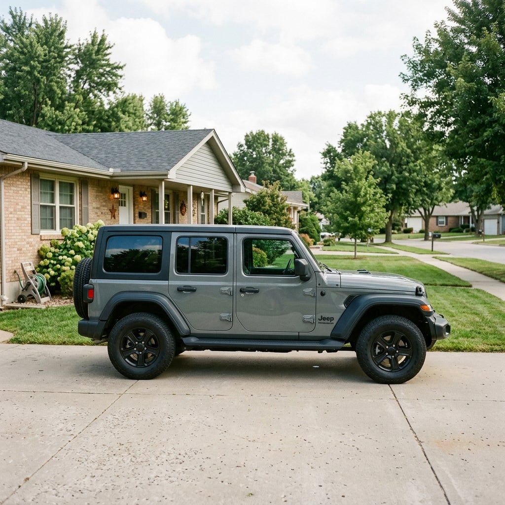 Side profile of a gray 4-door Jeep Wrangler parked on a concrete driveway in front of a suburban house. (Representative image for illustration purposes only. Actual vehicle may vary based on trim and configuration.)