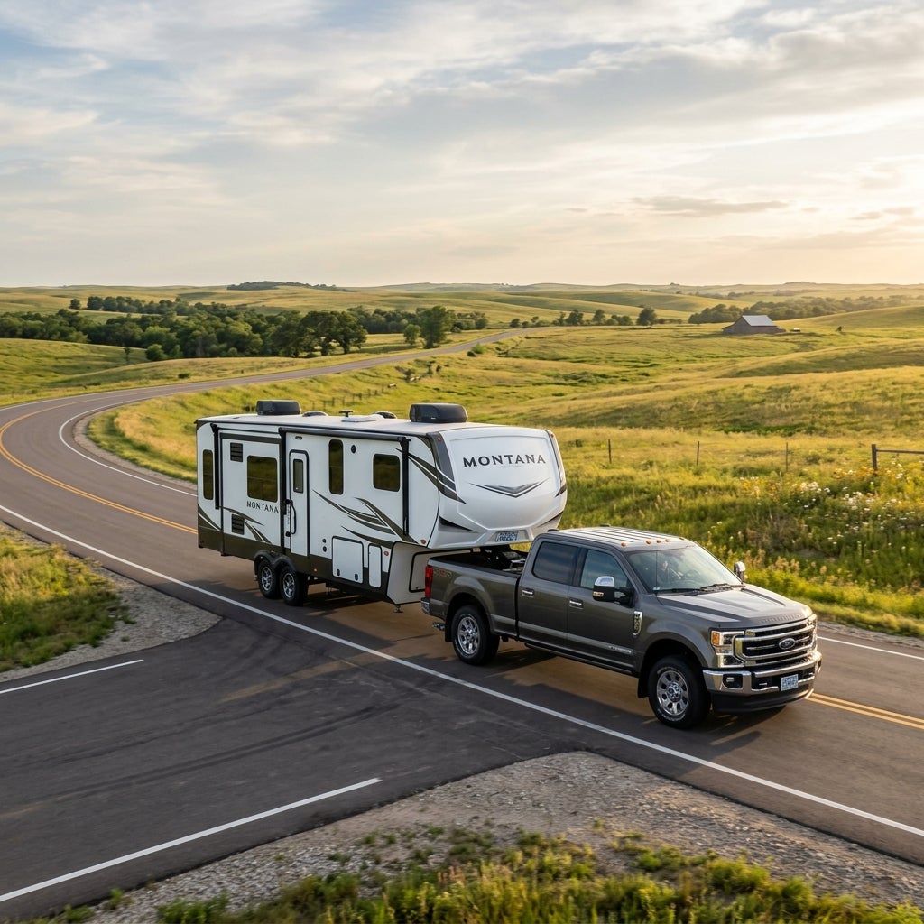 Dark grey pickup truck towing a white Montana fifth-wheel RV on a winding rural road through rolling green hills. (Representative image for illustration purposes only. Actual vehicle may vary based on trim and configuration.)