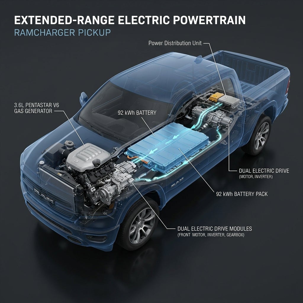 Semi-transparent diagram showing the internal components of a Ramcharger extended-range electric powertrain pickup truck. (Representative image for illustration purposes only. Actual vehicle may vary based on trim and configuration.)