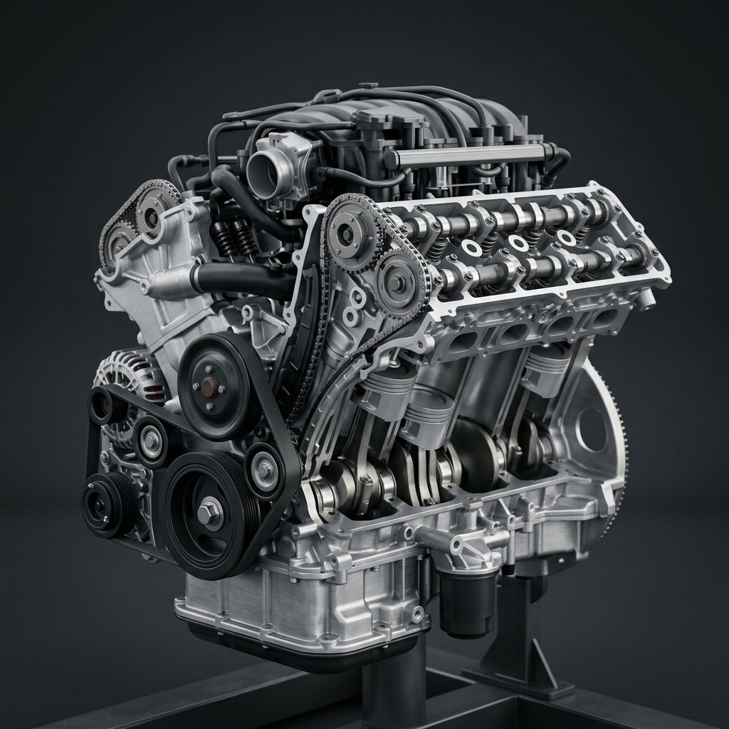 Cutaway view of a modern V6 car engine showing internal components like pistons, crankshaft, and camshafts. (Representative image for illustration purposes only. Actual vehicle may vary based on trim and configuration.)