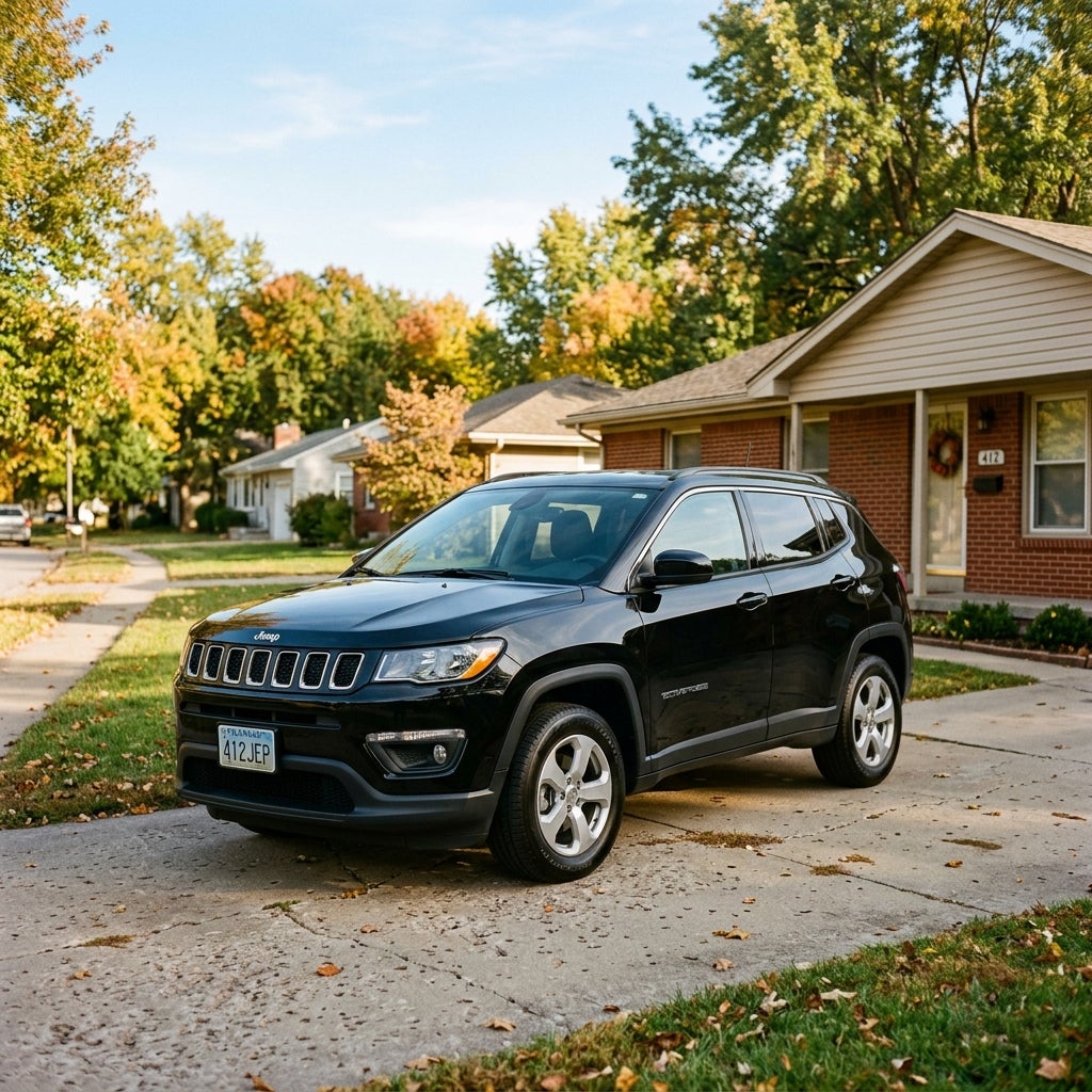 Black Jeep Compass SUV parked in a concrete driveway of a suburban house surrounded by autumn trees. (Representative image for illustration purposes only. Actual vehicle may vary based on trim and configuration.)