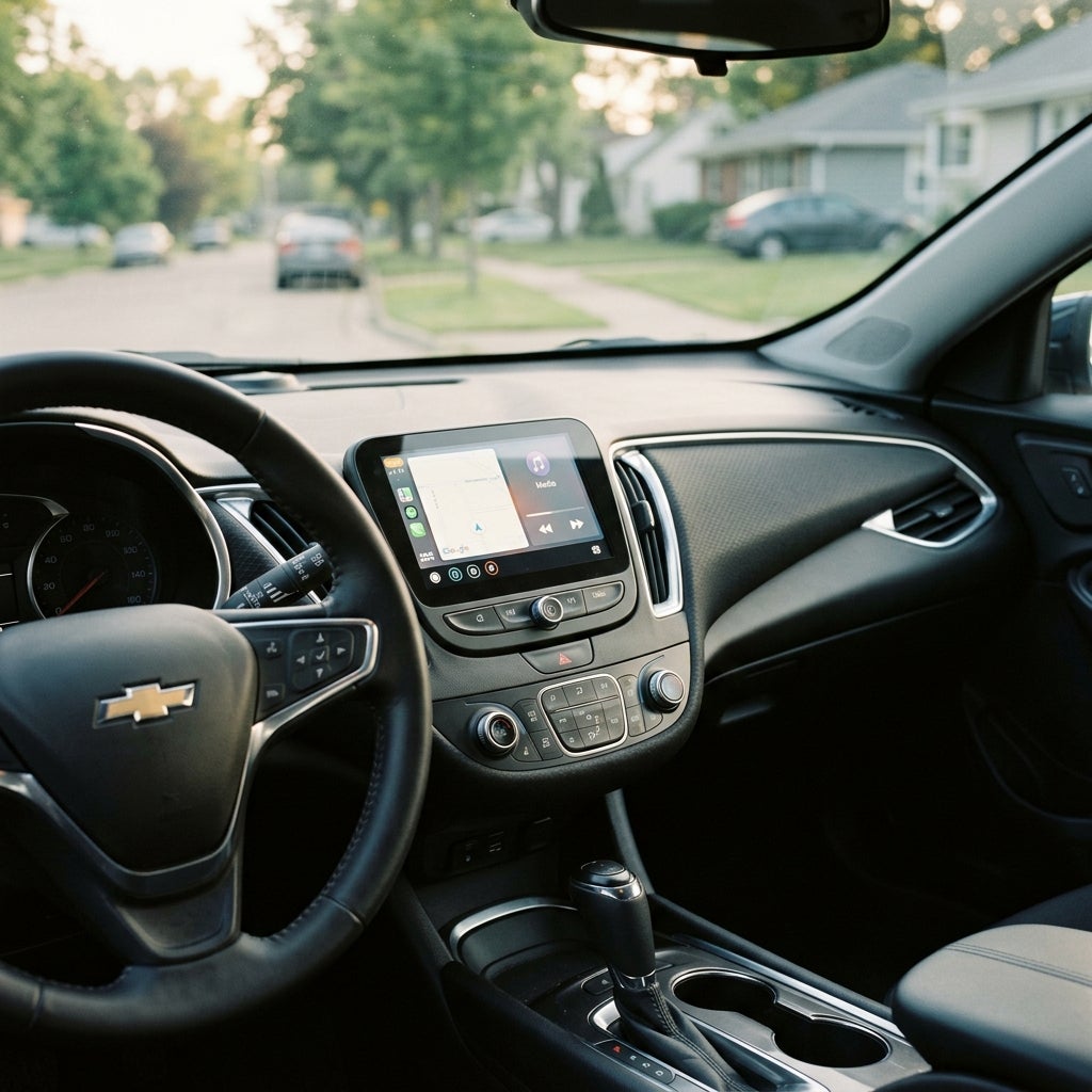 Interior view of a Chevrolet dashboard with a navigation screen looking out onto a quiet suburban street. (Representative image for illustration purposes only. Actual vehicle may vary based on trim and configuration.)