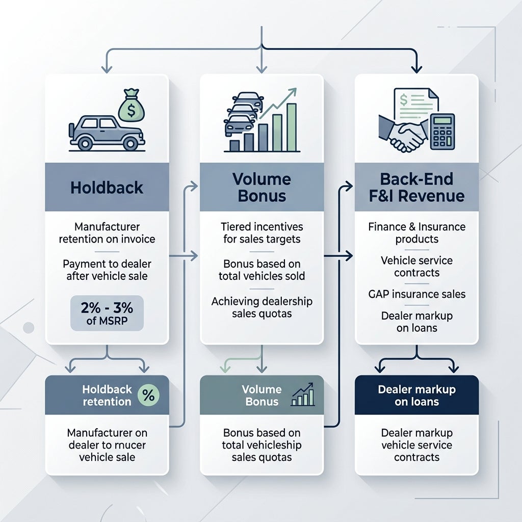 Infographic showing automotive dealership revenue streams: Holdback, Volume Bonus, and Back-End F&I Revenue. (Representative image for illustration purposes only. Actual vehicle may vary based on trim and configuration.)