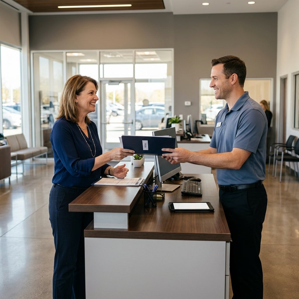 A woman handing a blue folder to a smiling male service advisor across a wooden reception desk. (Representative image for illustration purposes only. Actual vehicle may vary based on trim and configuration.)