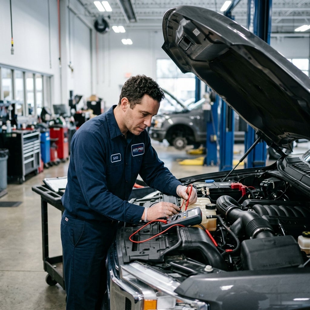 Mechanic using a multimeter to test electrical components under the hood of a truck in an auto repair shop. (Representative image for illustration purposes only. Actual vehicle may vary based on trim and configuration.)