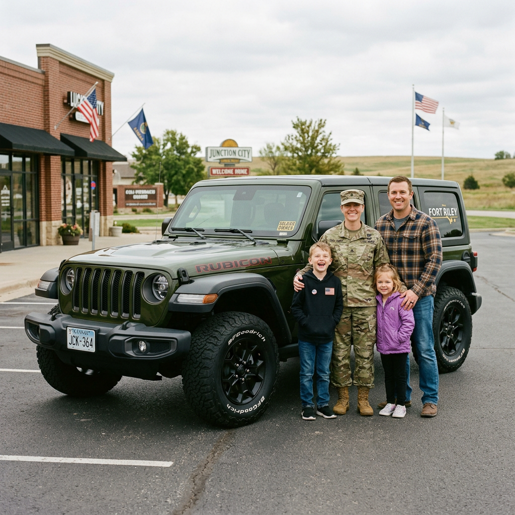 A family of four, including a female soldier in uniform, stands next to a green Jeep Rubicon in a parking lot. (Representative image for illustration purposes only. Actual vehicle may vary based on trim and configuration.)