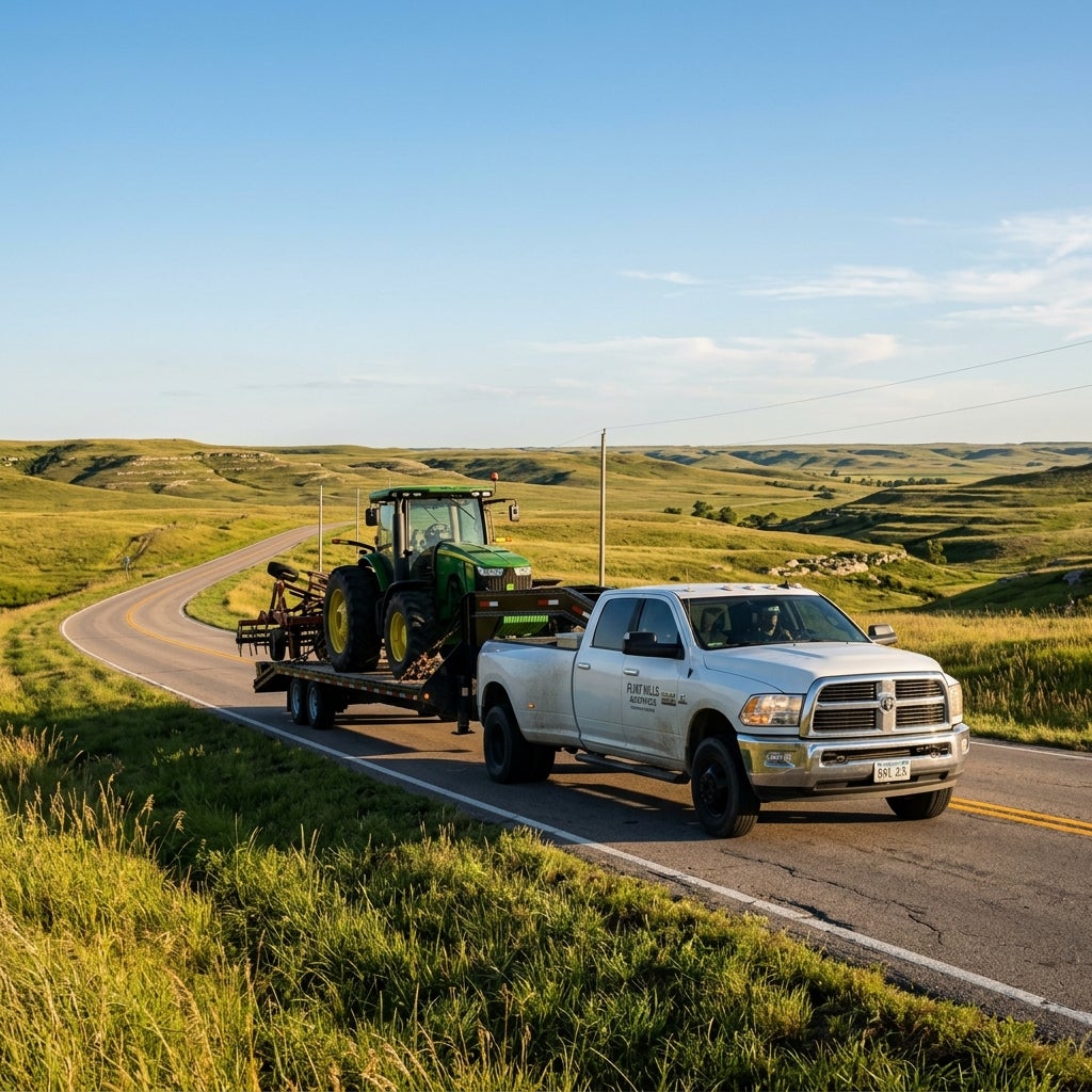 White pickup truck towing a green tractor on a trailer along a winding road through green rolling hills. (Representative image for illustration purposes only. Actual vehicle may vary based on trim and configuration.)
