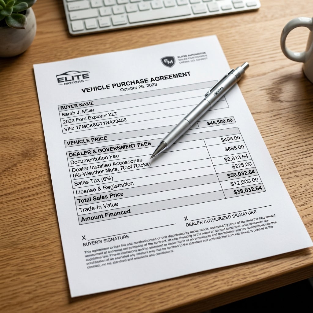 A vehicle purchase agreement document for a 2023 Ford Explorer sitting on a wooden desk with a silver pen. (Representative image for illustration purposes only. Actual vehicle may vary based on trim and configuration.)