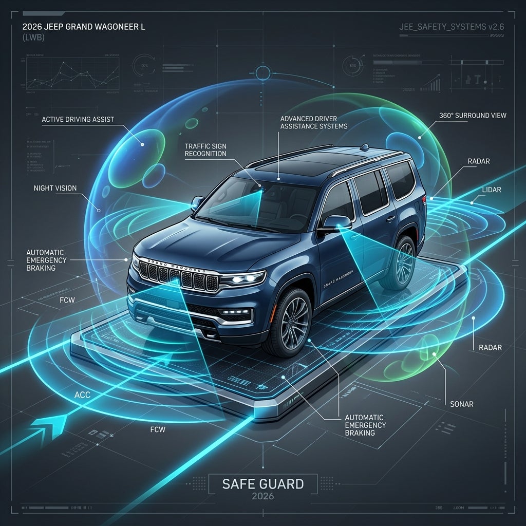 Blueprint-style 3D illustration of a 2026 Jeep Grand Wagoneer L highlighting safety sensors and assistance systems. (Representative image for illustration purposes only. Actual vehicle may vary based on trim and configuration.)