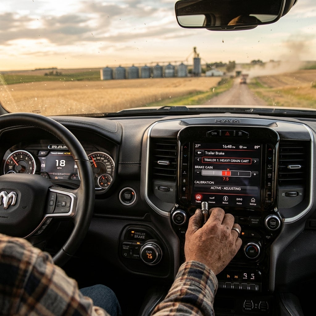 Driver adjusting trailer brake settings on the center screen inside a RAM truck driving along a rural dirt road. (Representative image for illustration purposes only. Actual vehicle may vary based on trim and configuration.)
