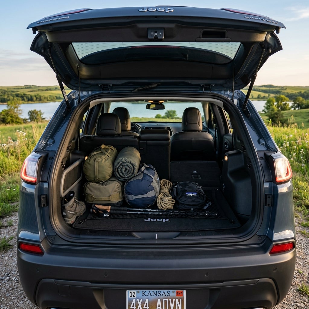 Rear view of a slate blue Jeep Cherokee with its hatch open, showing camping gear packed in the cargo area. (Representative image for illustration purposes only. Actual vehicle may vary based on trim and configuration.)