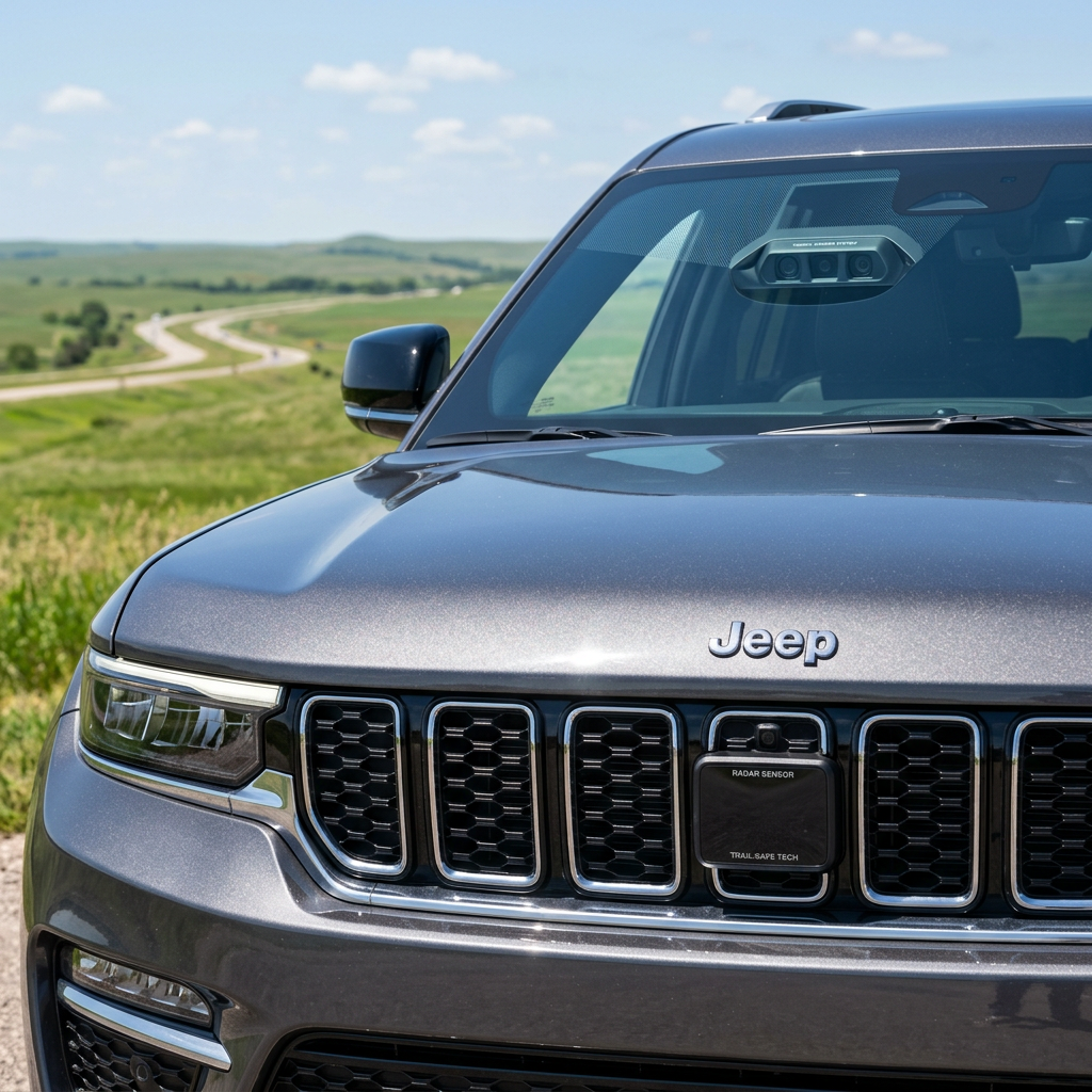 Front view of a gray Jeep showing its grille radar sensor and windshield camera system against a rural highway backdrop. (Representative image for illustration purposes only. Actual vehicle may vary based on trim and configuration.)