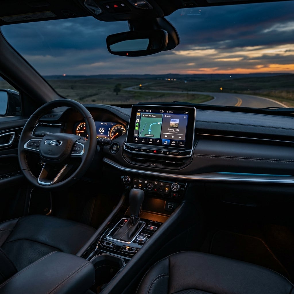 Interior of a modern Jeep driving along a scenic winding road at dusk with illuminated infotainment screen. (Representative image for illustration purposes only. Actual vehicle may vary based on trim and configuration.)