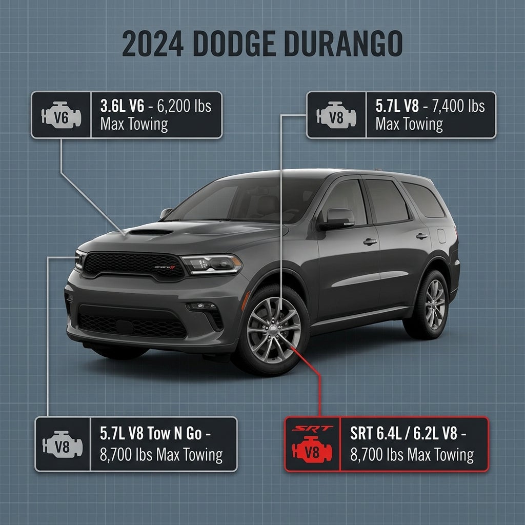 Infographic displaying maximum towing capacities for 2024 Dodge Durango engine options. (Representative image for illustration purposes only. Actual vehicle may vary based on trim and configuration.)