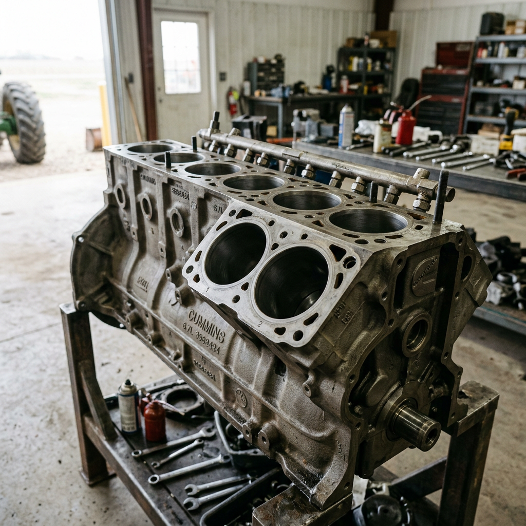 A heavy-duty Cummins diesel engine block mounted on a metal stand inside a workshop. (Representative image for illustration purposes only. Actual vehicle may vary based on trim and configuration.)