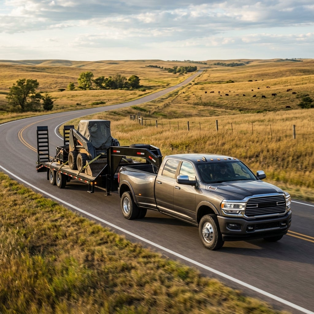 A heavy-duty dually pickup truck driving along a rural road while towing a skid steer on a gooseneck trailer. (Representative image for illustration purposes only. Actual vehicle may vary based on trim and configuration.)