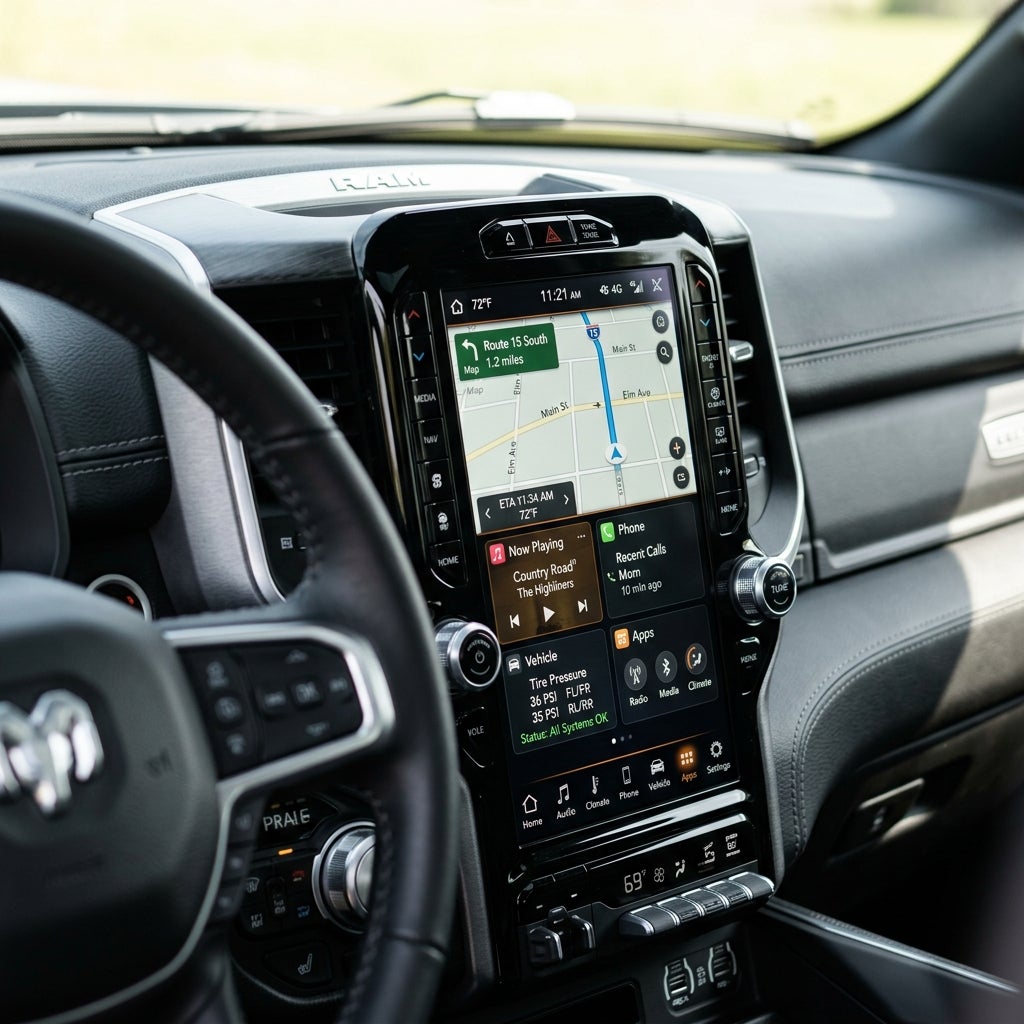 Modern RAM truck interior featuring a large vertical touchscreen display showing navigation, media, and vehicle status. (Representative image for illustration purposes only. Actual vehicle may vary based on trim and configuration.)