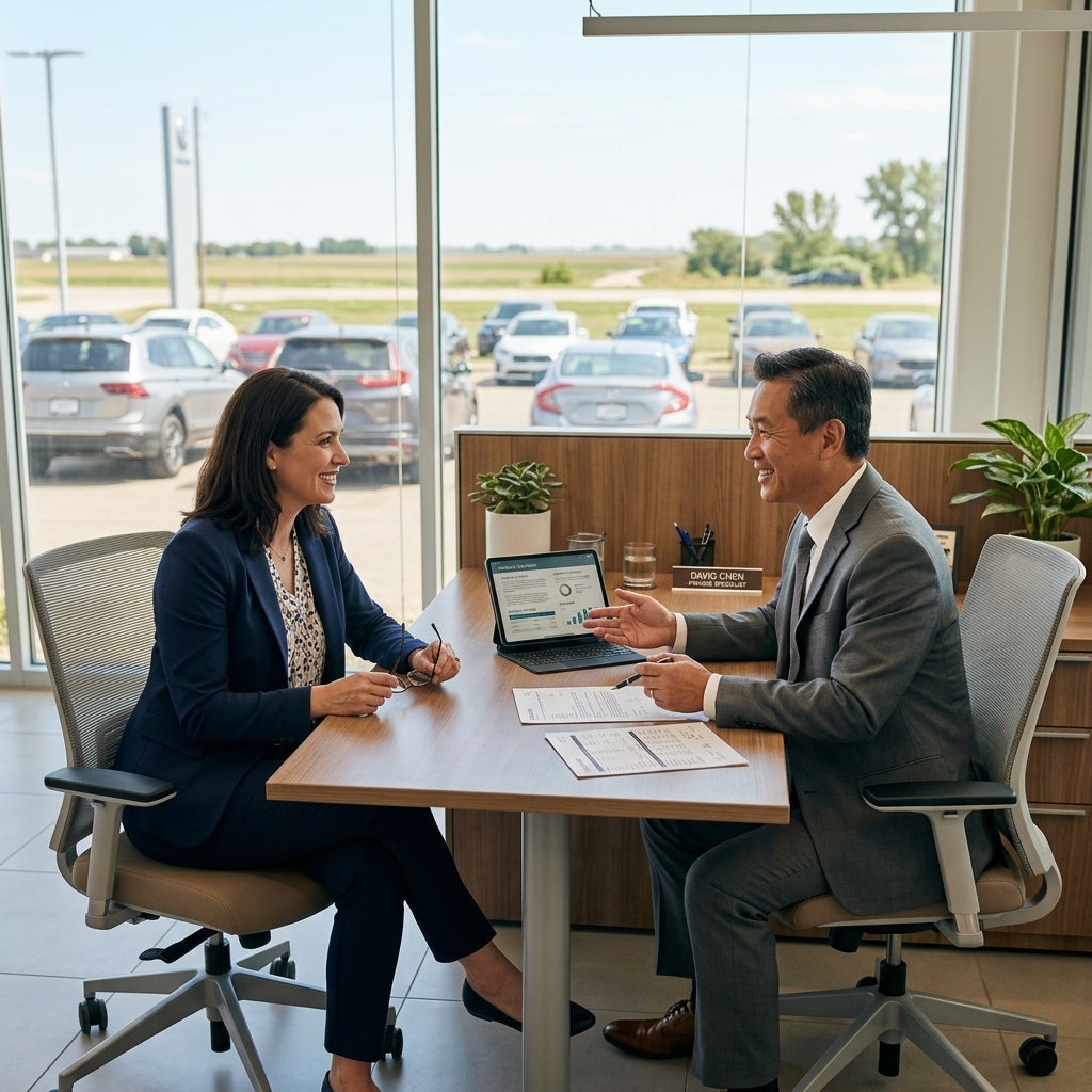 A woman in a blue suit sitting at a desk discussing vehicle financing paperwork with a male specialist at a dealership. (Representative image for illustration purposes only. Actual vehicle may vary based on trim and configuration.)