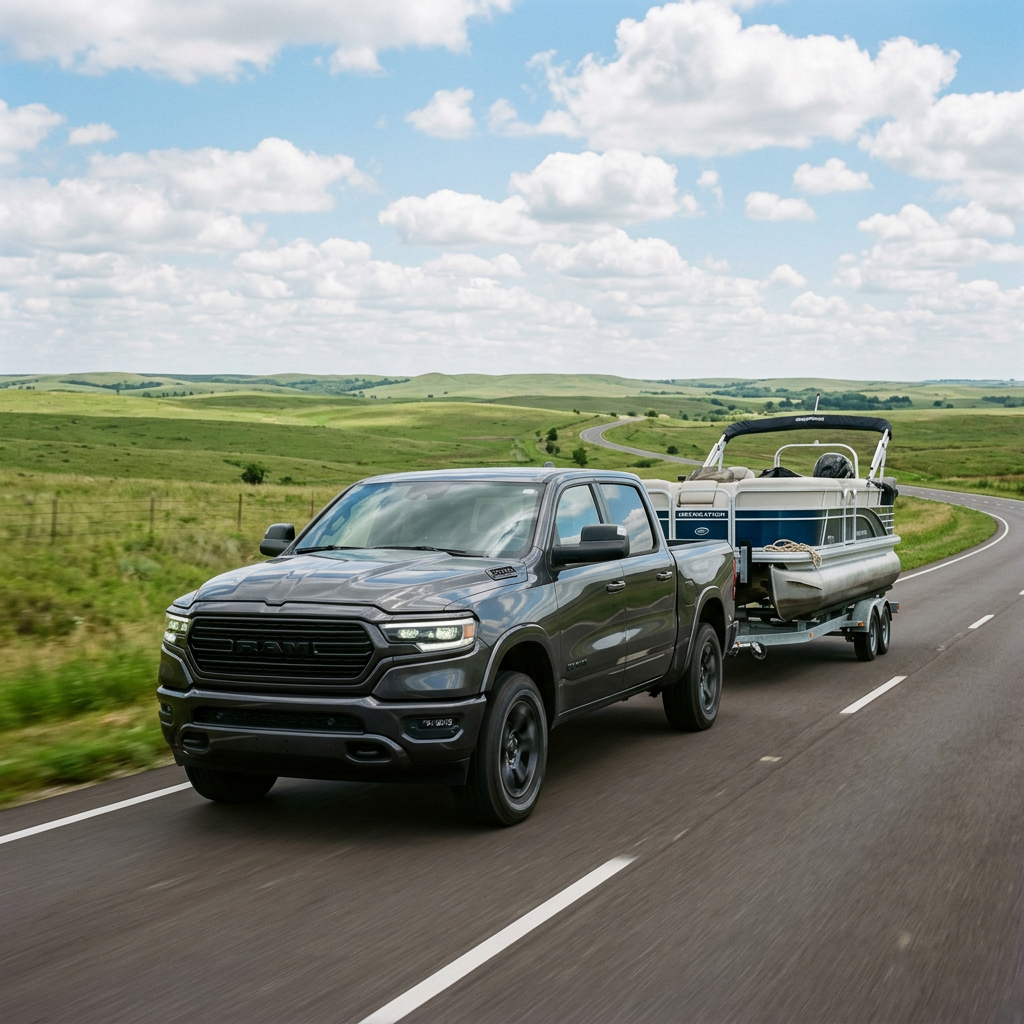 A dark gray Ram 1500 truck towing a pontoon boat on a trailer down a winding country road. (Representative image for illustration purposes only. Actual vehicle may vary based on trim and configuration.)