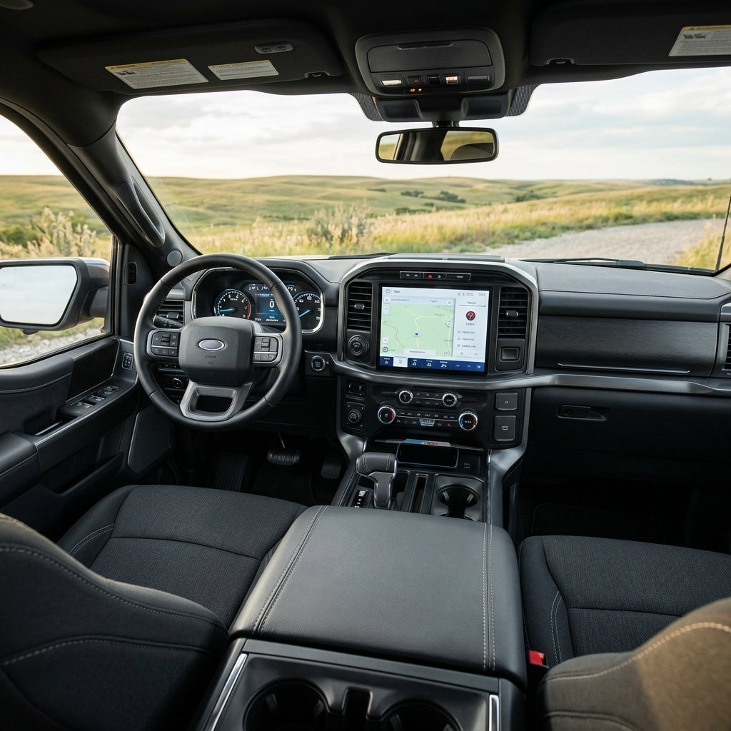 Interior view of a modern truck dashboard looking out at a scenic dirt road through rolling green hills. (Representative image for illustration purposes only. Actual vehicle may vary based on trim and configuration.)