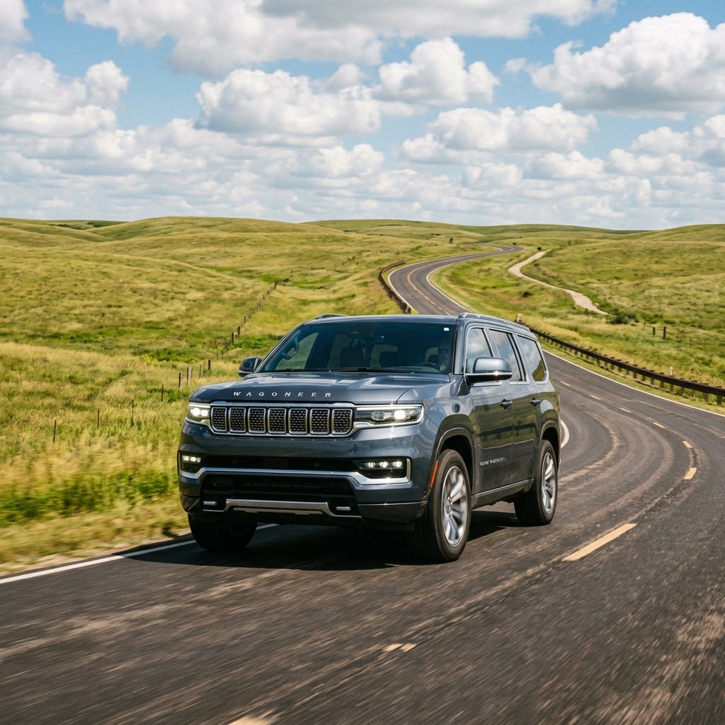Dark blue Jeep Wagoneer SUV driving along a winding paved road through scenic green rolling hills. (Representative image for illustration purposes only. Actual vehicle may vary based on trim and configuration.)