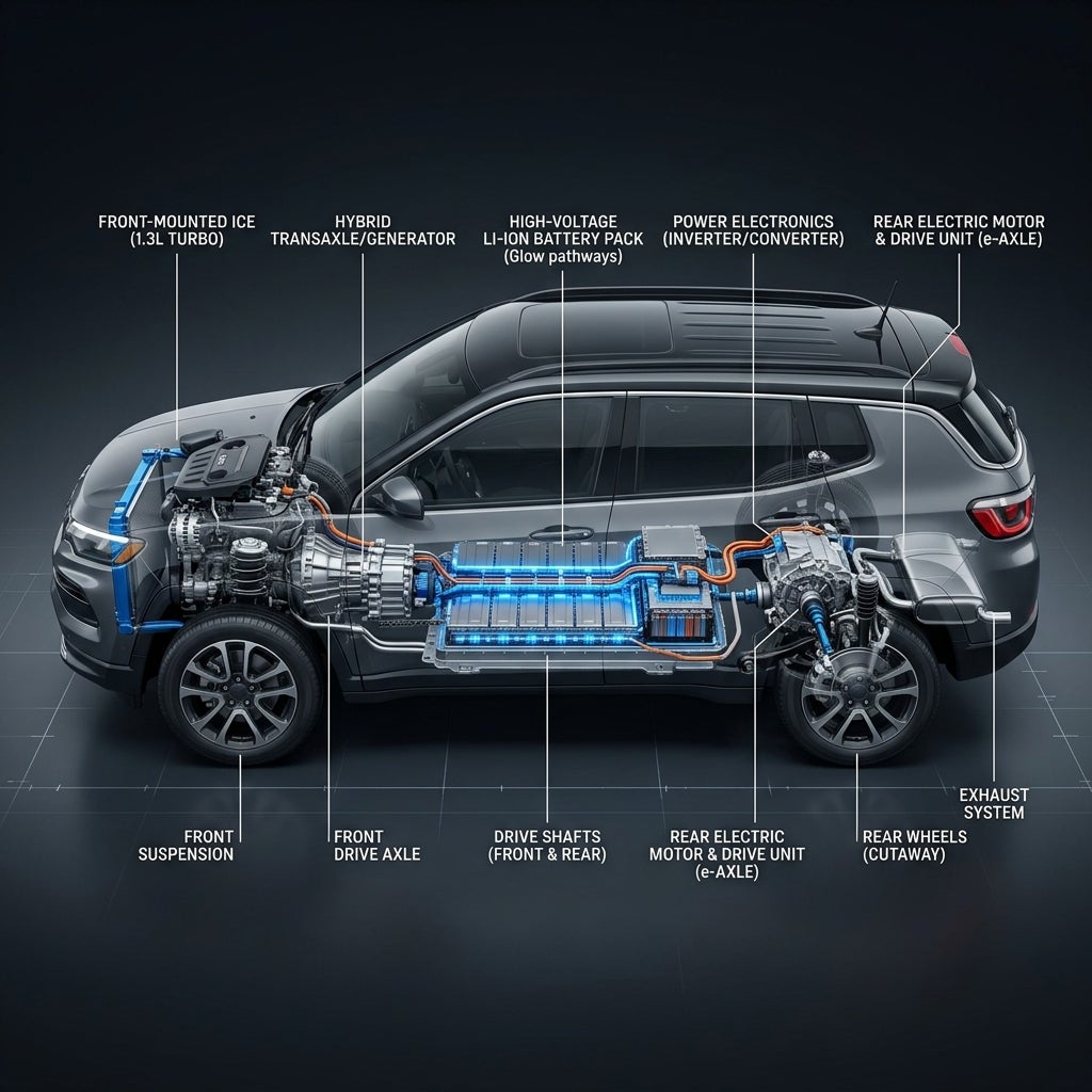 Technical cutaway diagram of a hybrid SUV showing the engine, battery pack, electric motor, transaxle, and suspension. (Representative image for illustration purposes only. Actual vehicle may vary based on trim and configuration.)