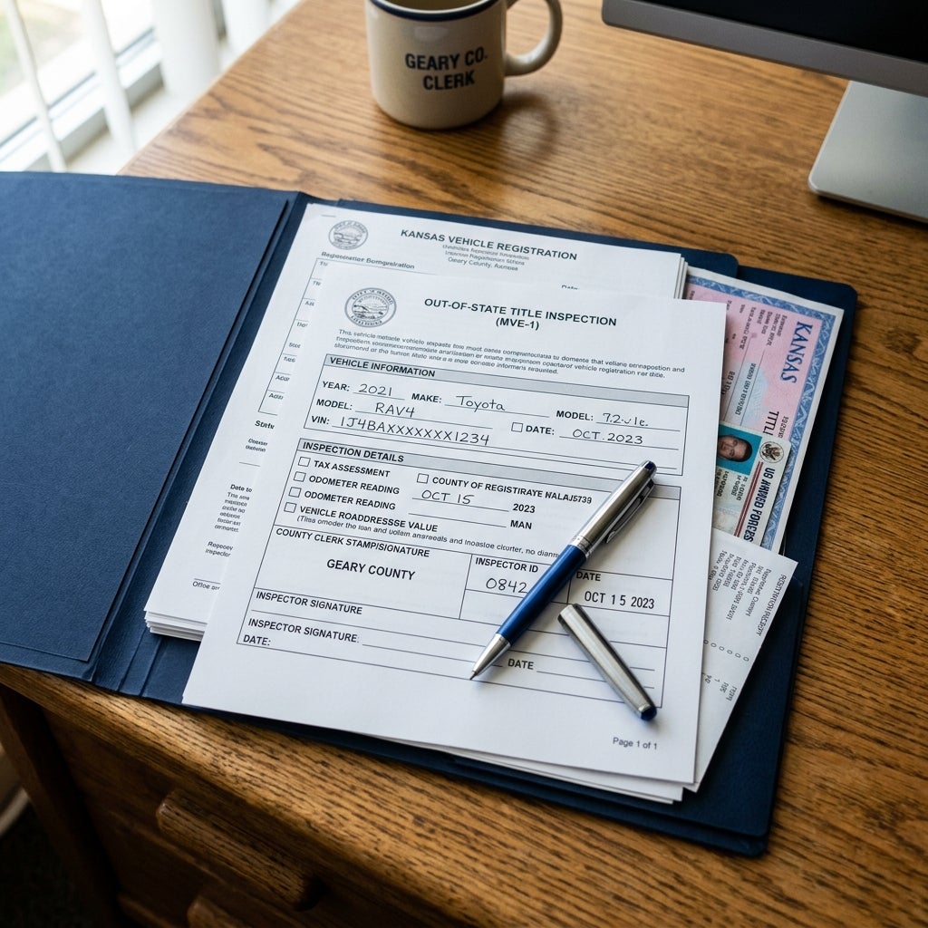 Completed Kansas out-of-state title inspection form on a blue folder with a pen, driver's license, and coffee mug. (Representative image for illustration purposes only. Actual vehicle may vary based on trim and configuration.)