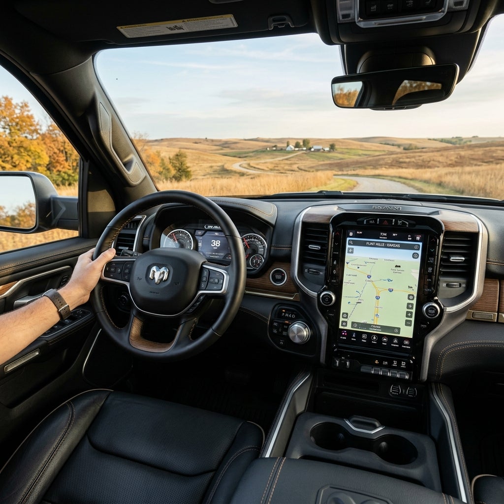 Driver's view inside a modern Ram truck driving down a winding country road through rolling golden hills. (Representative image for illustration purposes only. Actual vehicle may vary based on trim and configuration.)