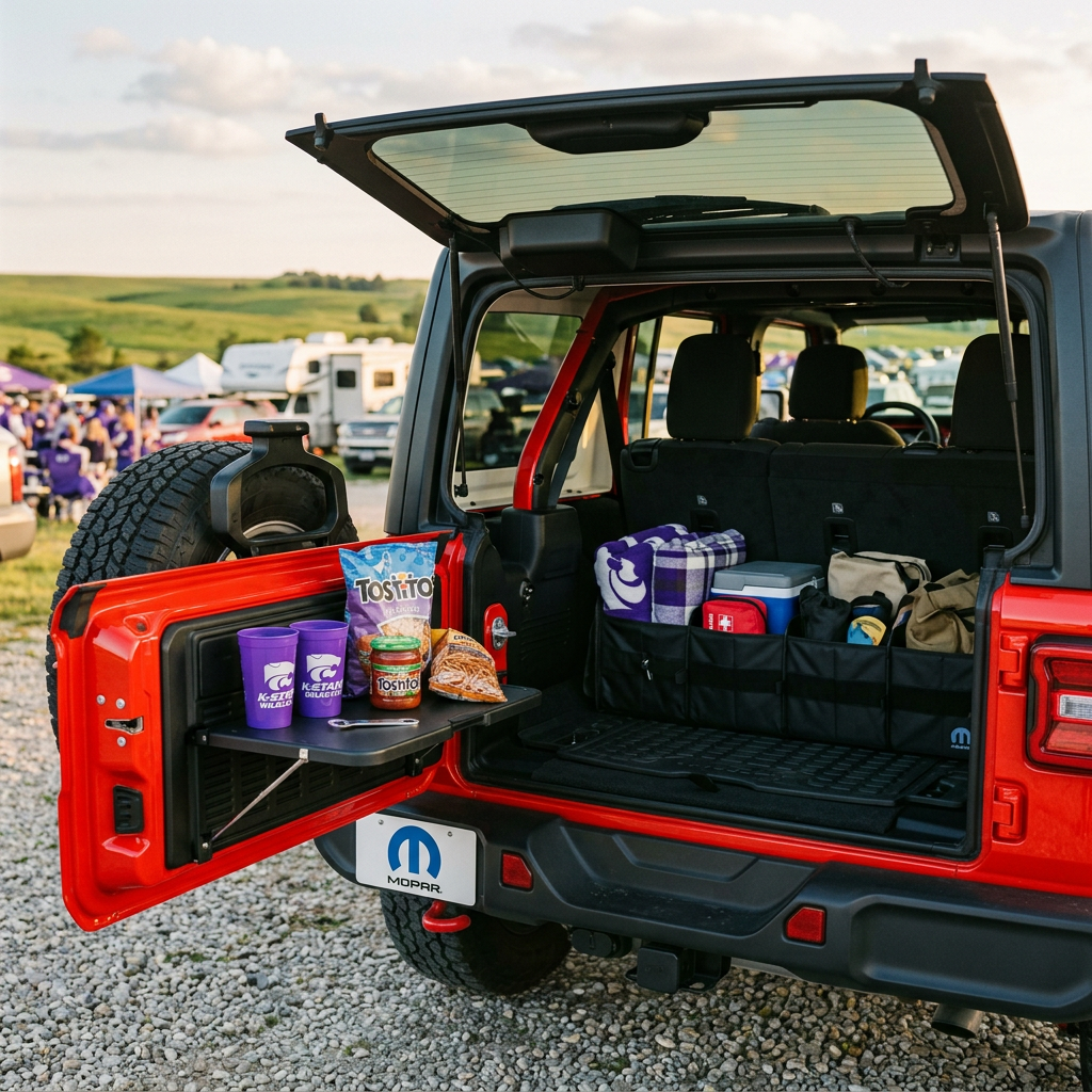 Open tailgate of a red Jeep with tailgate table, snacks, and cargo organizer filled with gear. (Representative image for illustration purposes only. Actual vehicle may vary based on trim and configuration.)