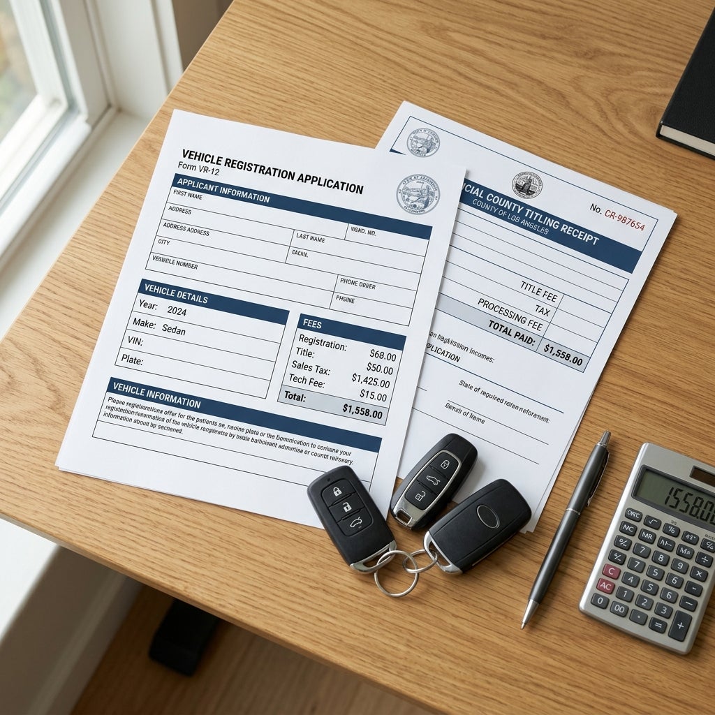 Vehicle registration documents, car key fobs, a pen, and a calculator sitting on a wooden desk. (Representative image for illustration purposes only. Actual vehicle may vary based on trim and configuration.)