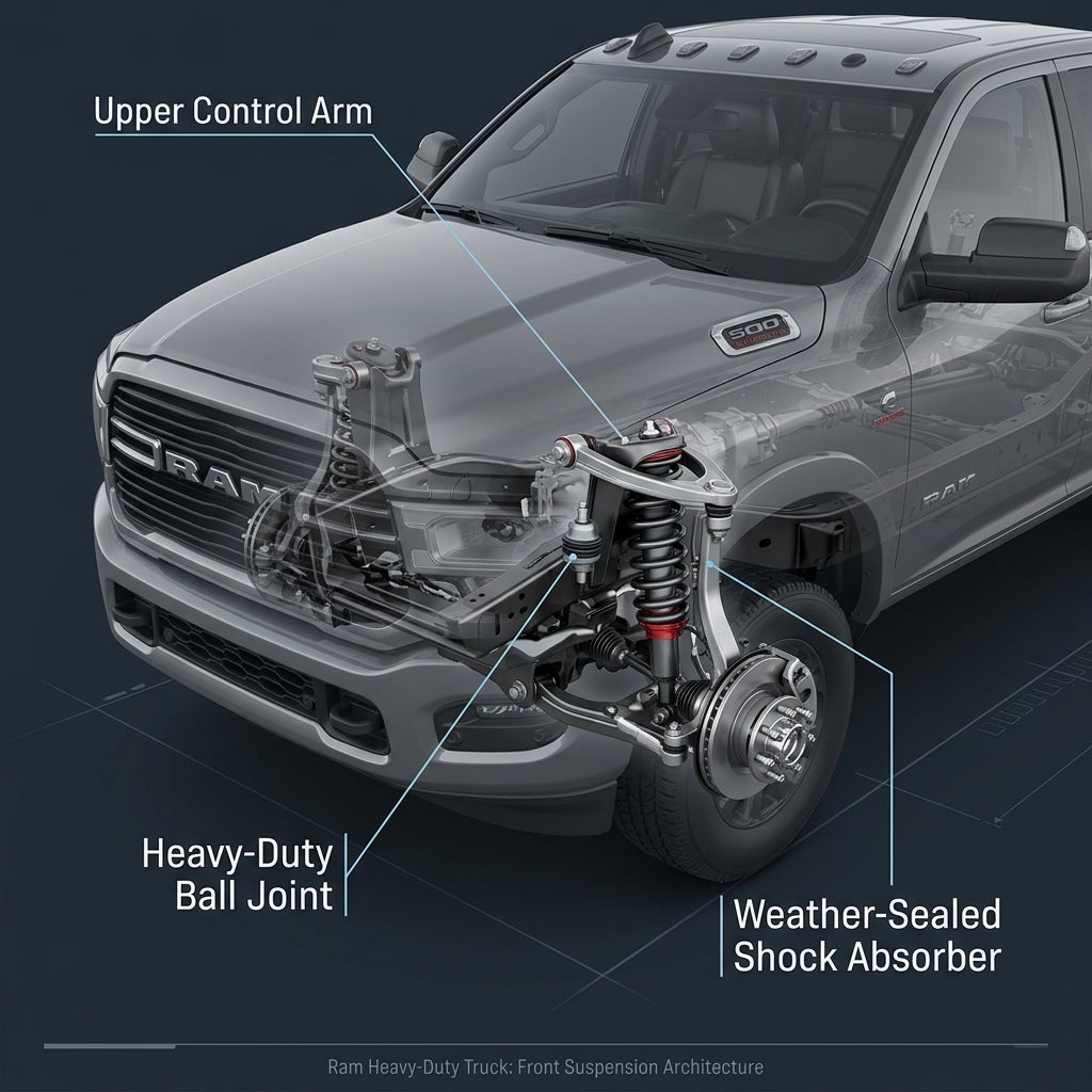 Cutaway diagram of a Ram heavy-duty truck highlighting front suspension components including the upper control arm. (Representative image for illustration purposes only. Actual vehicle may vary based on trim and configuration.)