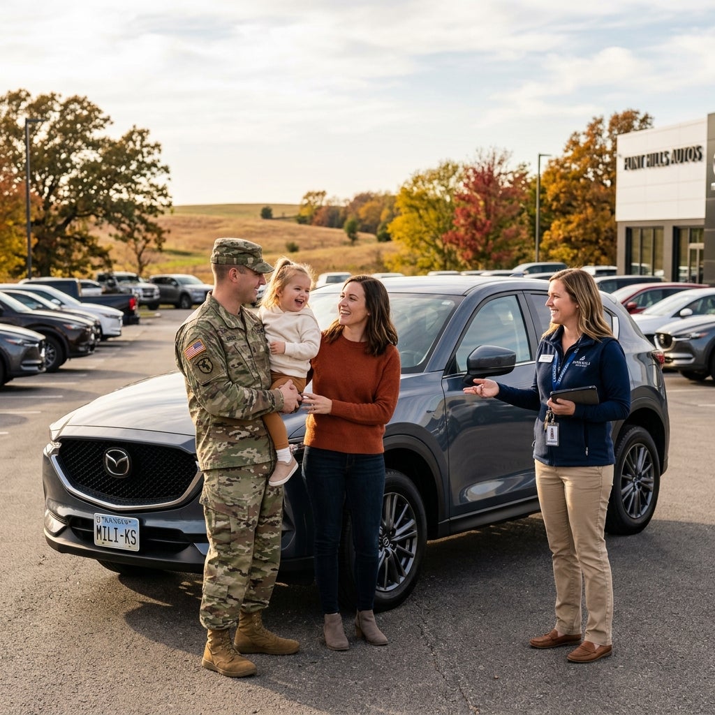 A military family with a toddler speaks to a sales representative beside a blue Mazda SUV at a car dealership lot. (Representative image for illustration purposes only. Actual vehicle may vary based on trim and configuration.)