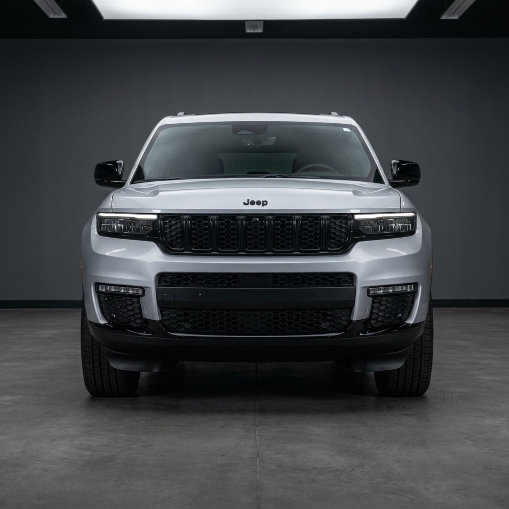 Front view of a silver Jeep Grand Cherokee SUV parked in a dark studio setting with headlights illuminated. (Representative image for illustration purposes only. Actual vehicle may vary based on trim and configuration.)