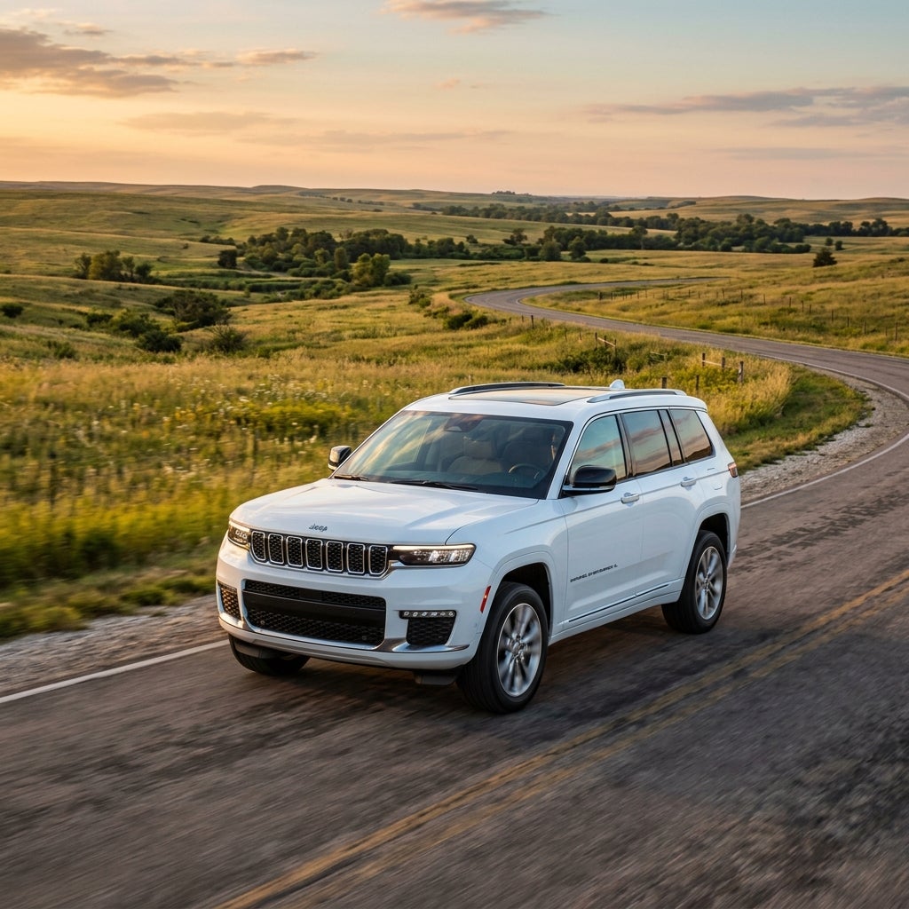 A white Jeep Grand Cherokee L driving along a winding asphalt road through grassy countryside hills at sunset. (Representative image for illustration purposes only. Actual vehicle may vary based on trim and configuration.)