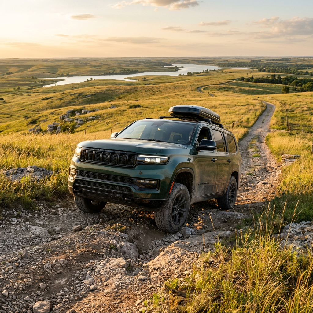 A green Jeep Grand Wagoneer driving on a rocky, unpaved trail in a rolling grassy landscape. (Representative image for illustration purposes only. Actual vehicle may vary based on trim and configuration.)