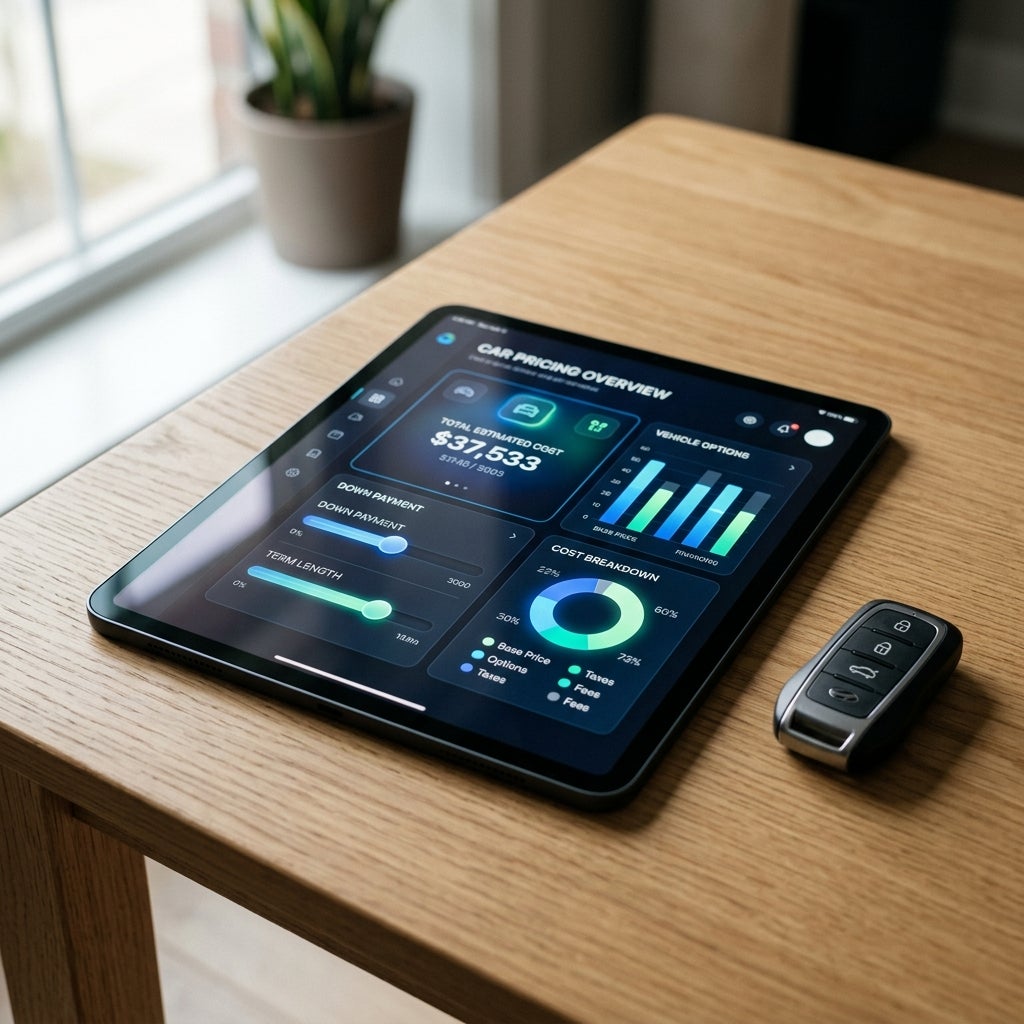 A digital tablet showing a car pricing overview dashboard on a wooden desk next to a modern car key fob. (Representative image for illustration purposes only. Actual vehicle may vary based on trim and configuration.)