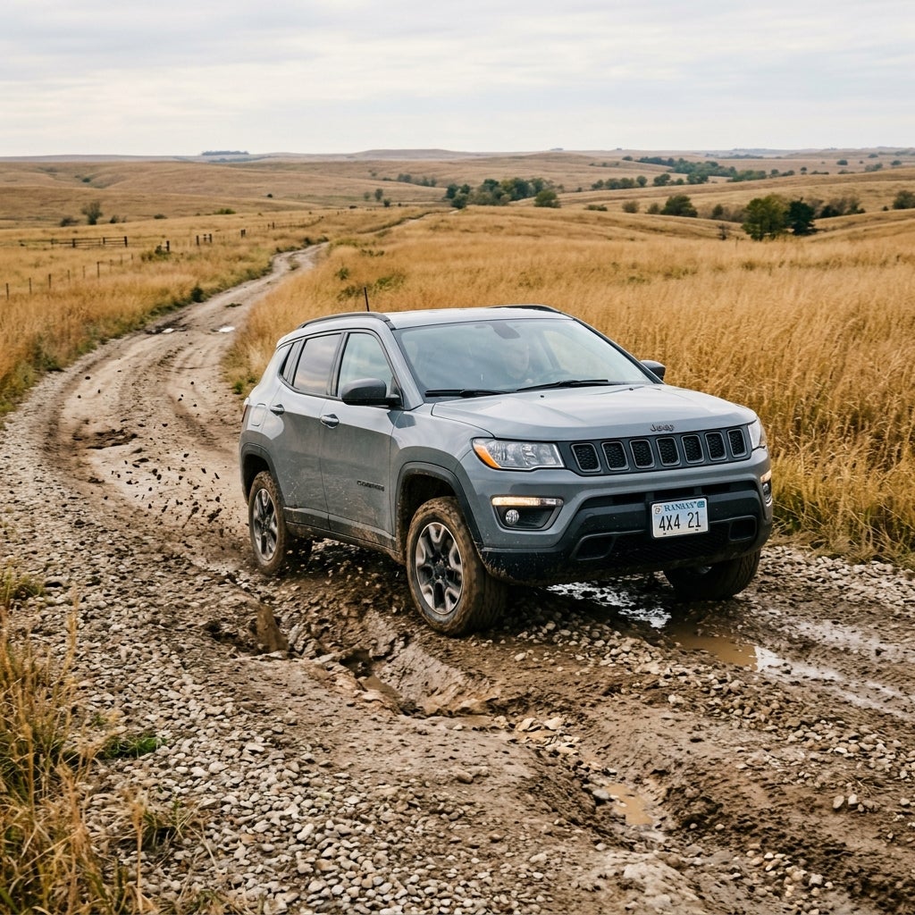 Grey Jeep SUV driving through mud on a gravelly dirt road surrounded by golden grassland hills. (Representative image for illustration purposes only. Actual vehicle may vary based on trim and configuration.)