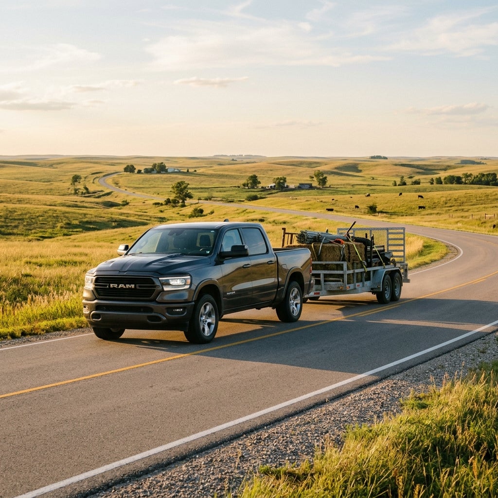 Dark grey Ram pickup truck towing a trailer loaded with farm supplies along a winding country road. (Representative image for illustration purposes only. Actual vehicle may vary based on trim and configuration.)