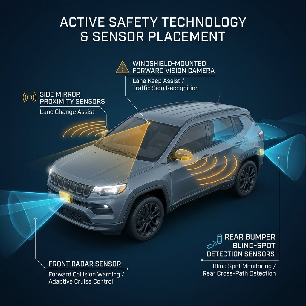 Diagram of a grey SUV showing placement and coverage areas for forward, side mirror, and rear safety sensors. (Representative image for illustration purposes only. Actual vehicle may vary based on trim and configuration.)