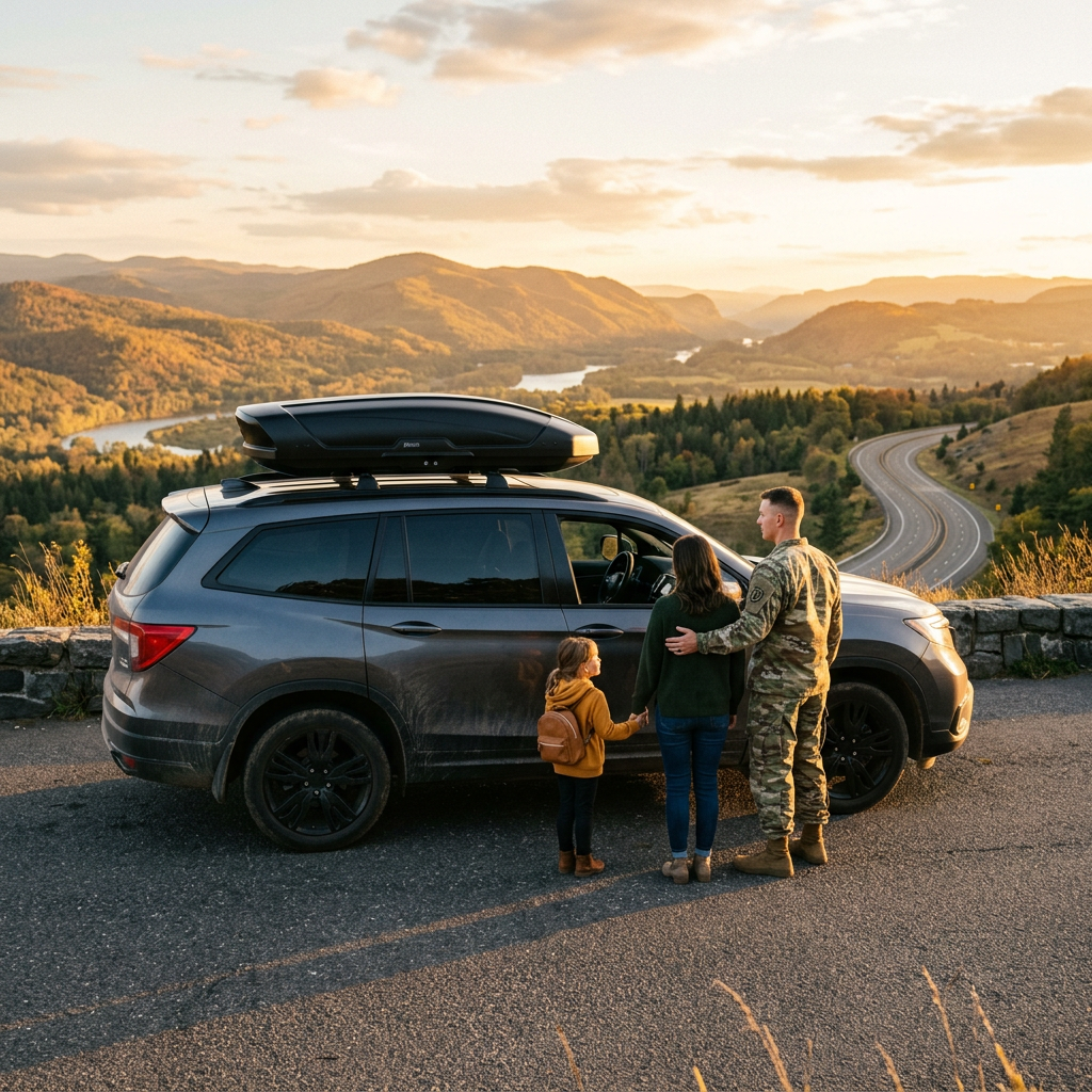 A military family standing by their grey SUV overlooking a scenic mountain valley at sunset. (Representative image for illustration purposes only. Actual vehicle may vary based on trim and configuration.)