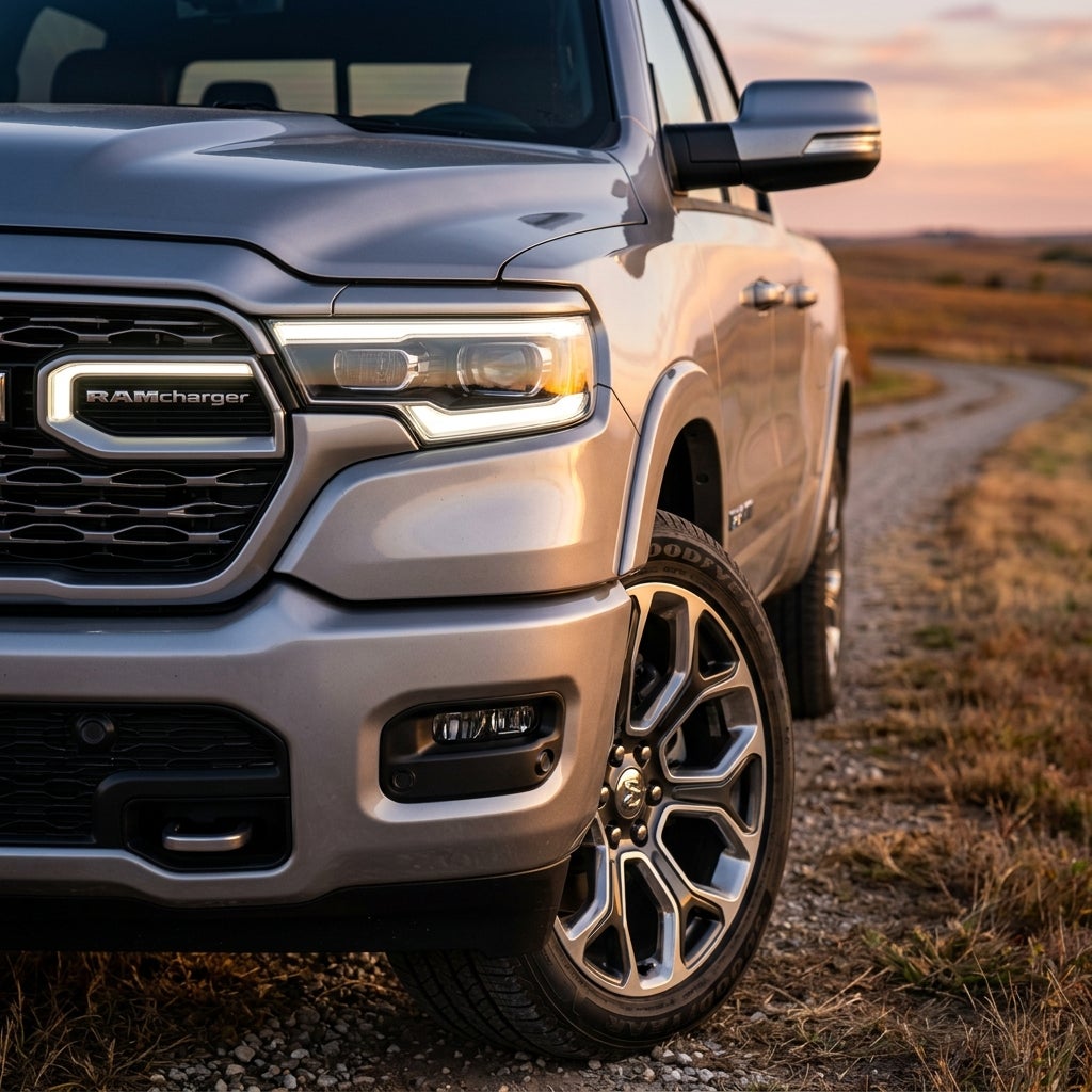 Close-up of a silver RAMcharger pickup truck parked on a gravel path at sunset with headlights on. (Representative image for illustration purposes only. Actual vehicle may vary based on trim and configuration.)