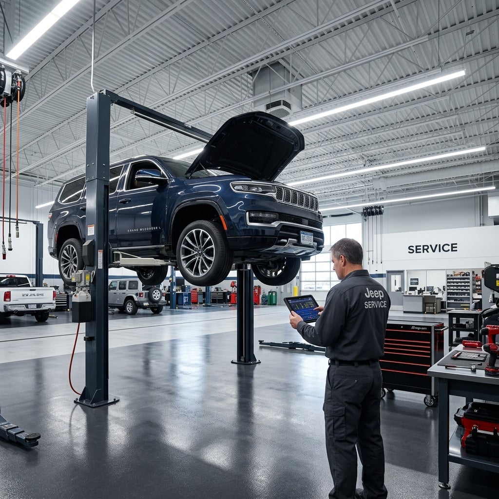 Technician holding a tablet device next to a blue Jeep raised on a hydraulic lift in a service bay. (Representative image for illustration purposes only. Actual vehicle may vary based on trim and configuration.)