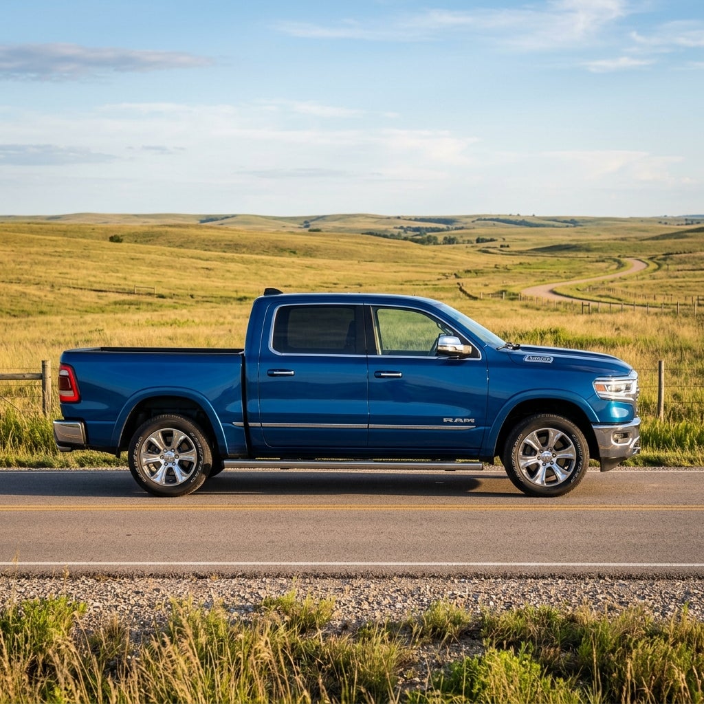 Side view of a blue Ram 1500 crew cab pickup truck parked along a country road in a rural landscape. (Representative image for illustration purposes only. Actual vehicle may vary based on trim and configuration.)